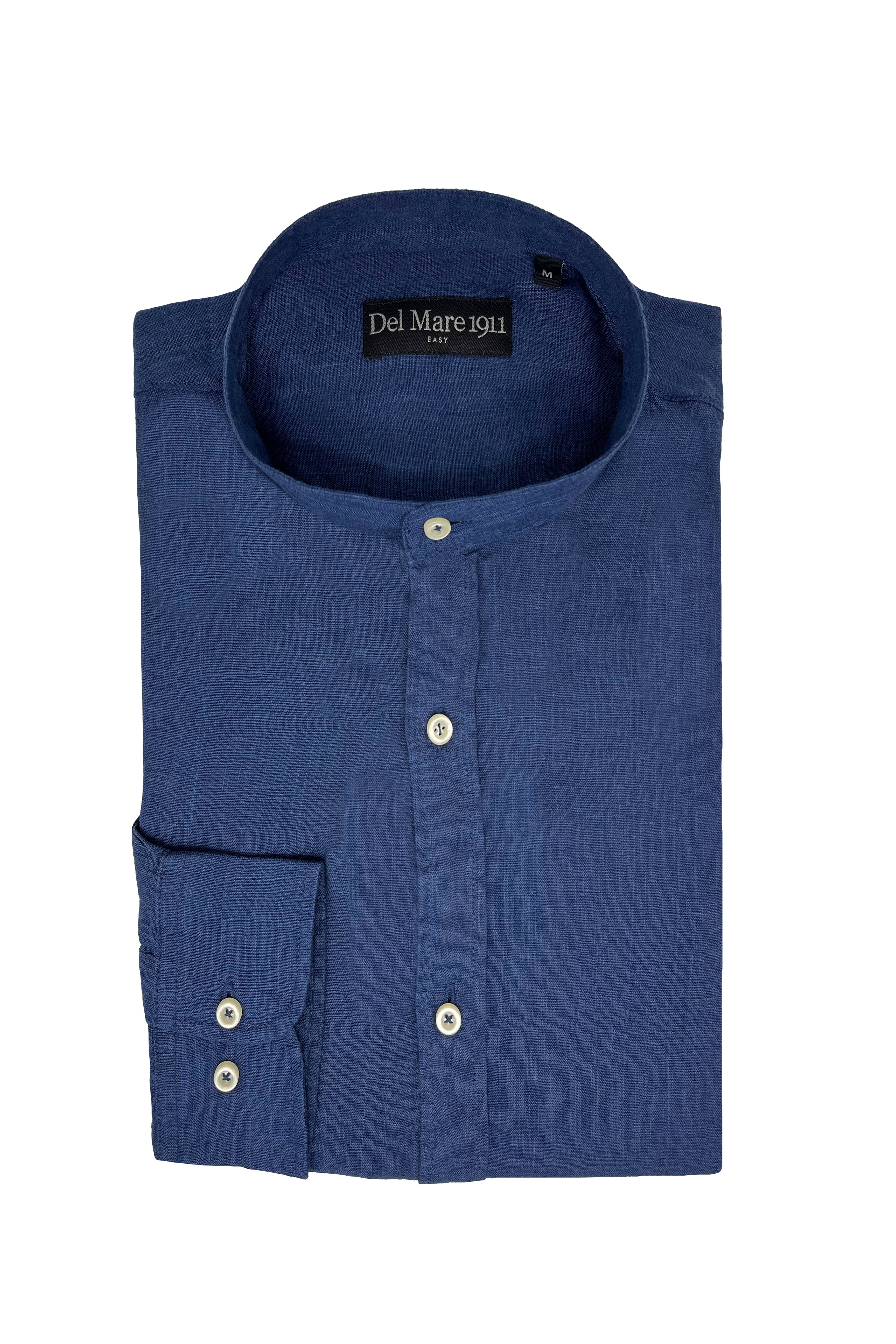 Camicia blu in lino con collo coreano